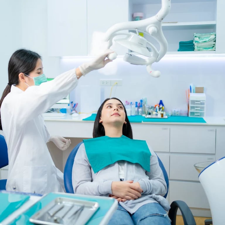 Female dentist adjusting overhead light above patient wearing protective bib seated in dental chair during examination in modern clinic